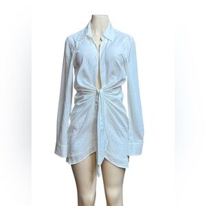 White Button Down Mini Dress with Ruched Tie Front